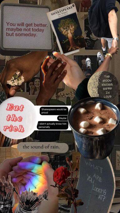 cozy vibe w hands and handholding, a skateboard and a rose, a mug of hot chocolate, some shakespeare books and dirty paint brushes