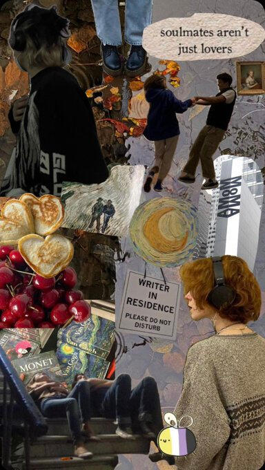 moodboard w autumn and van gogh vibes as well as a non-binary flag bee, heart-shaped foods, a picture of the MoMA, a sign that says “writer in residence, please do not disturb” and a piece of text that says “soulmates aren’t just lovers”